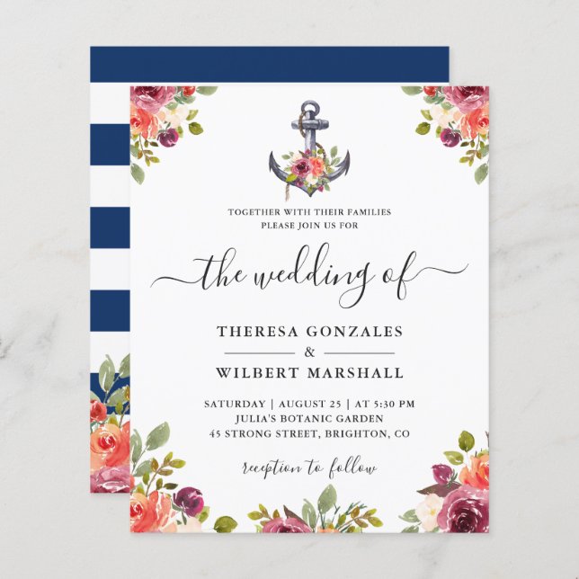 Budget Ancre nautique Floral Wedding Invitations (Devant / Derrière)