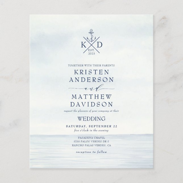 Budget Ancre nautique Monogramme Mariage Invitatio (Devant)