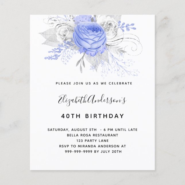 Budget Anniversaire bleu floraux argent invitation (Devant)
