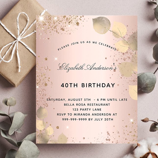 Budget anniversaire blush eucalyptus or invitation (Créateur téléchargé)