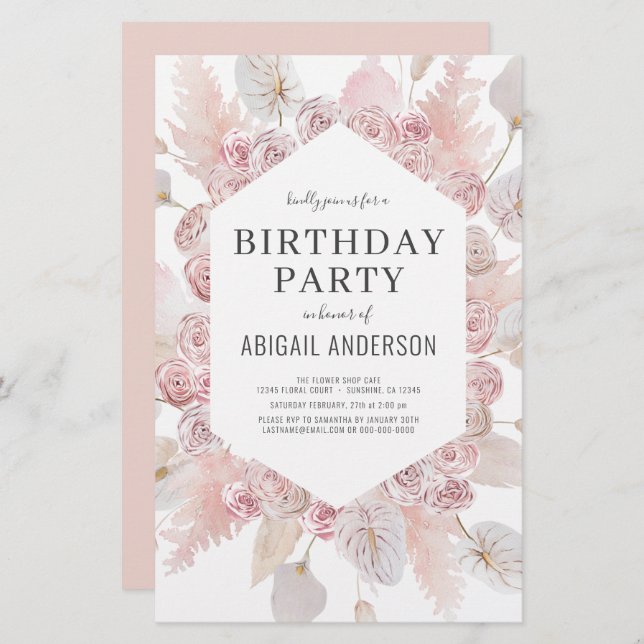 Budget Anniversaire Boho Blush Pink Party Invitati (Devant / Derrière)