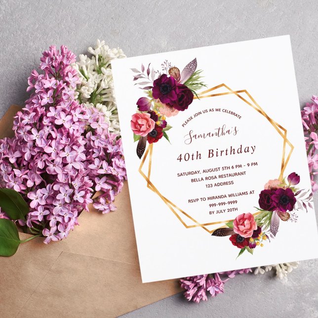 Budget anniversaire bordeaux floral or geo blanc (Créateur téléchargé)