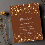 Budget anniversaire brun or étoiles invitation<br><div class="desc">Arrière - plan marron décoré d'étoiles dorées. Personnalisez et ajoutez un nom et des détails du parti. Le nom est écrit avec un script de style écrit à la main,  des lettres de couleur blanche. 1 feuille = 1 invite imprimé bord à bord.</div>