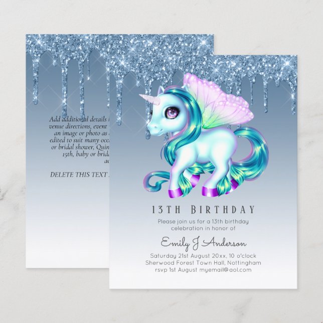 BUDGET Anniversaire de enfant Invitation Blue Unic (Devant / Derrière)