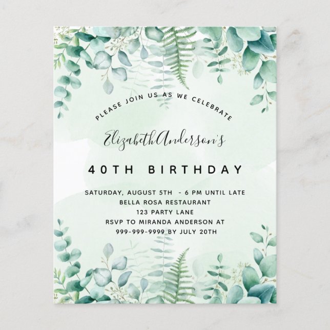 Budget anniversaire eucalyptus invitation verte (Devant)
