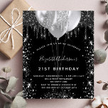 Budget anniversaire noir argent parties scintillan<br><div class="desc">Pour un 21ème anniversaire élégant (ou tout âge). Un arrière - plan noir élégant. Décoré de parties scintillant en faux argent et de ballons. Personnalisez et ajoutez un nom,  un âge et des détails de la fête. Le nom est écrit avec un script de style manuscrit</div>
