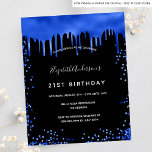 Budget anniversaire noir bleu royal invitation<br><div class="desc">Une invitation à la fête d'anniversaire de 21e anniversaire, féminine et féminine (ou tout âge). Devant : Un arrière - plan noir chic. Décoré avec des gouttes de parties scintillant bleu royal, la peinture goutte à goutte. Personnalisez et ajoutez un nom et des détails du parti. Le nom est écrit...</div>