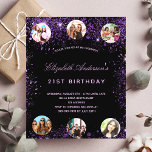 Budget anniversaire noir violet invitation photo<br><div class="desc">Une invitation à la fête d'anniversaire de 21e anniversaire, féminine et féminine (ou tout âge). Devant : Un arrière - plan noir chic. Décoré avec de la poussière de parties scintillant en faux violet foncé. Personnalisez et ajoutez un nom, les détails de la fête et 6 photos. Le nom est...</div>
