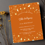 Budget anniversaire orange or étoiles invitation<br><div class="desc">Un arrière - plan orange brûlé décoré d'étoiles dorées. Personnalisez et ajoutez un nom et des détails du parti. Le nom est écrit avec un script de style écrit à la main,  des lettres de couleur blanche. 1 feuille = 1 invite imprimé bord à bord.</div>