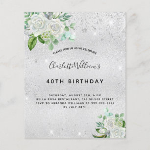 Budget anniversaire paillettes argent floral verdu