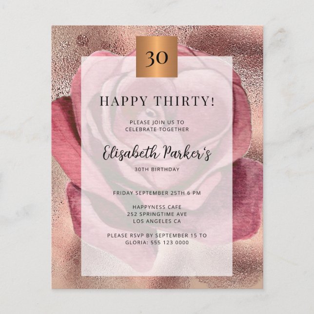 Budget anniversaire rose or invitation (Devant)