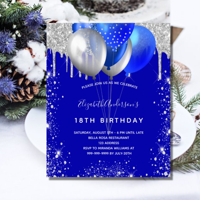 Budget anniversaire royal bleu argent invitation (Créateur téléchargé)