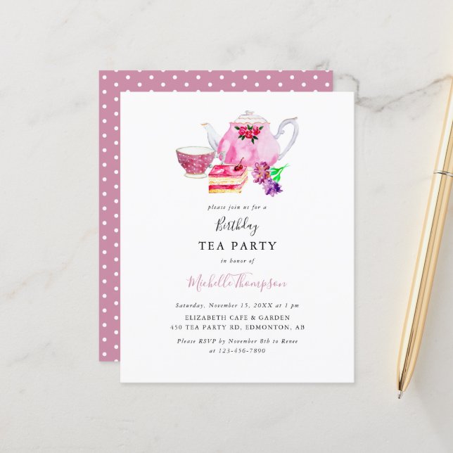 Budget Anniversaire Tea Party Pink Teapot Script (Devant/Arrière en situation)