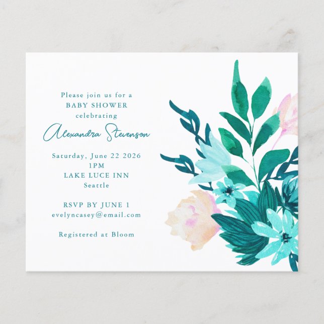 Budget Aqua Blue Floral Baby shower Invitation (Devant)