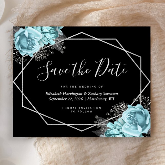 Budget Aqua Floral Black Wedding Save the Date (Créateur téléchargé)