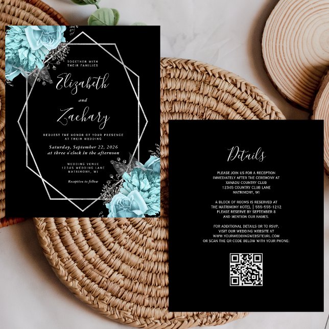 Budget Aqua Silver Floral Black QR Code Wedding (Créateur téléchargé)