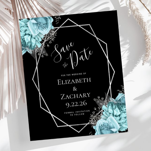 Budget Aqua Silver Floral Black Save the Date (Créateur téléchargé)
