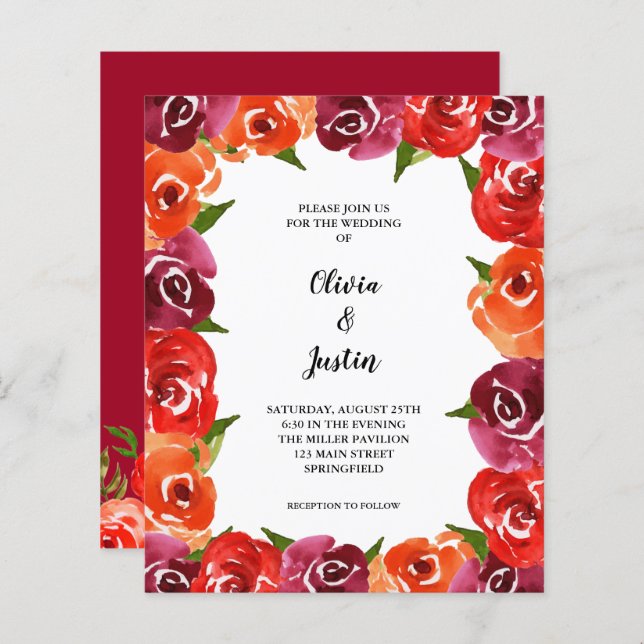 Budget Aquarelle Fleurs Mariages Invitations (Devant / Derrière)