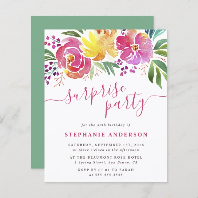 Budget Aquarelle Fleurs Script Surprise Party (Devant / Derrière)