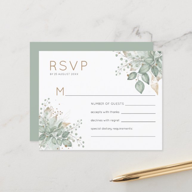 Budget Aquarelle Foliage Vert Or Mariage RSVP (Devant/Arrière en situation)