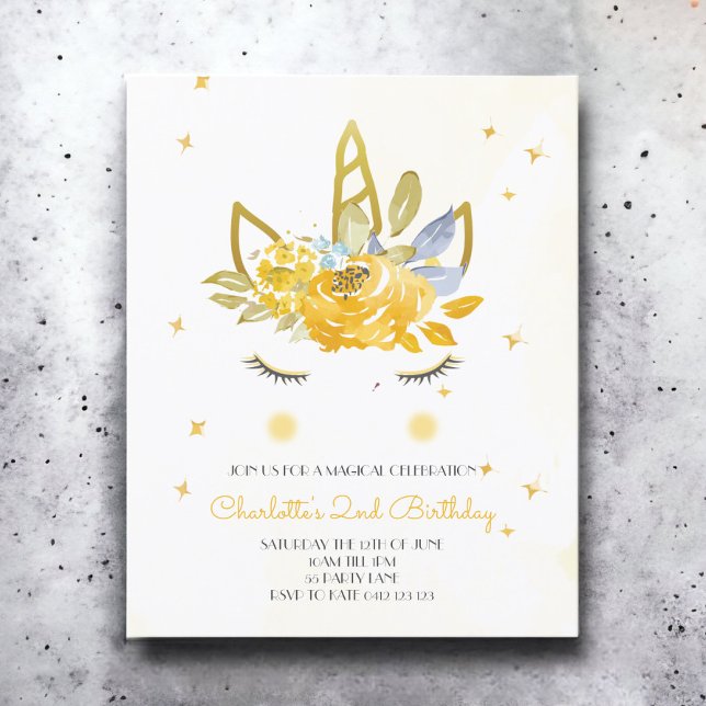 BUDGET Aquarelle mignonne Unicorn Yellow Invitatio (Créateur téléchargé)