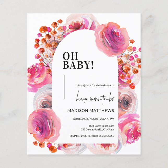 Budget Aquarelle rose Arche Florale Oh Baby shower (Devant)