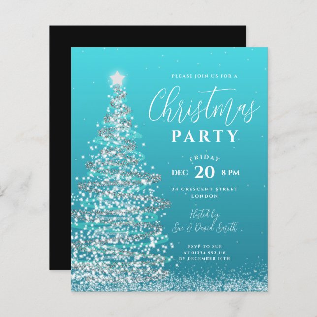 Budget Arbre de Noël Argent Turquoise Invitation d (Devant / Derrière)