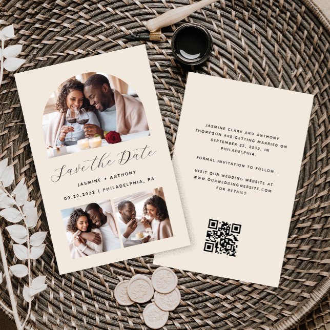 Budget Arch 3-Photo Beige Code QR Save the Date (Créateur téléchargé)