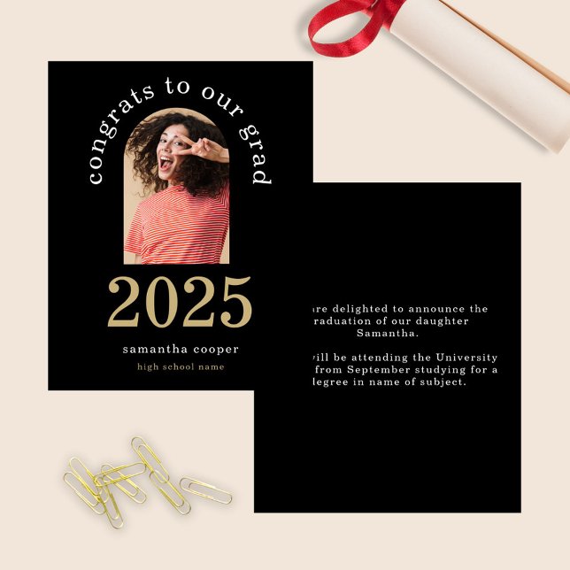 Budget Arch Photo 2025 Grad Black Faire-part (front and back view)