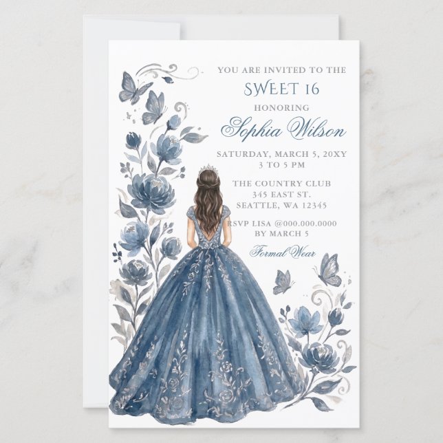 Budget Argent Bleu Floral Princesse Douce 16 (Devant)