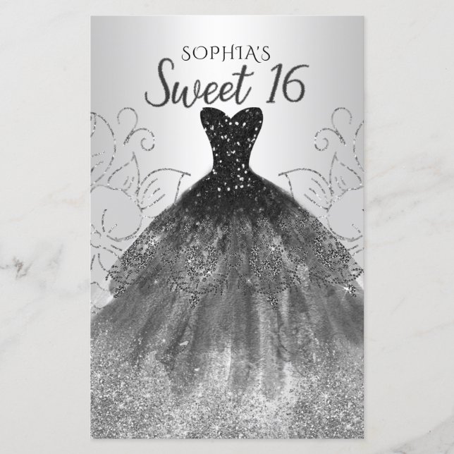 Budget Argent Robe Noire Sweet 16 Invitation (Devant)