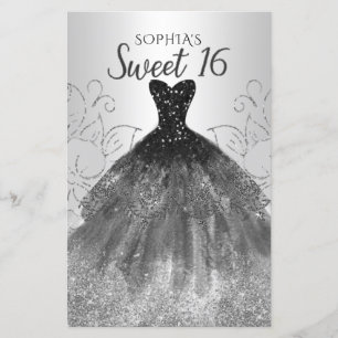 Budget Argent Robe Noire Sweet 16 Invitation