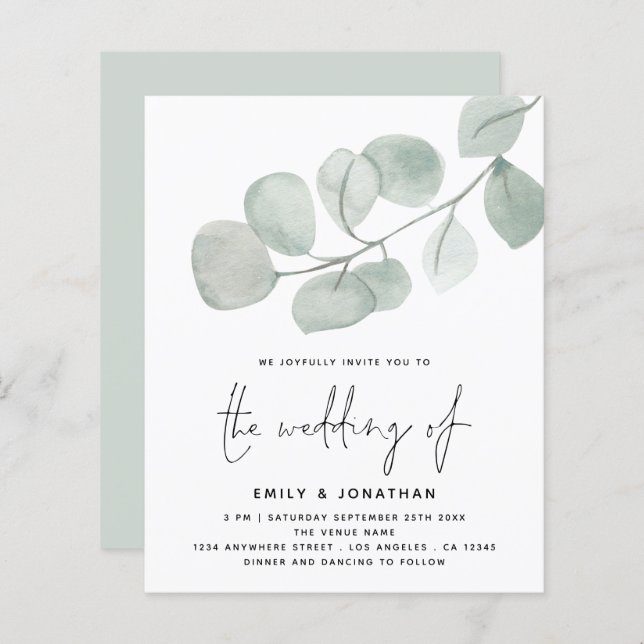 BUDGET Artsy Eucalyptus Script Wedding Invitation (Devant / Derrière)