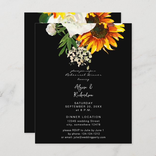 Budget Artsy Tournesol Floral Dîner de répétition  (Devant / Derrière)