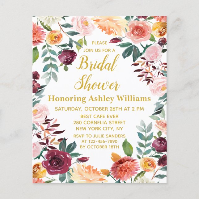 Budget Automne Boho Floral Bridal Shower Invitatio (Devant)