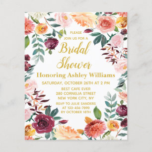 Budget Automne Boho Floral Bridal Shower Invitatio