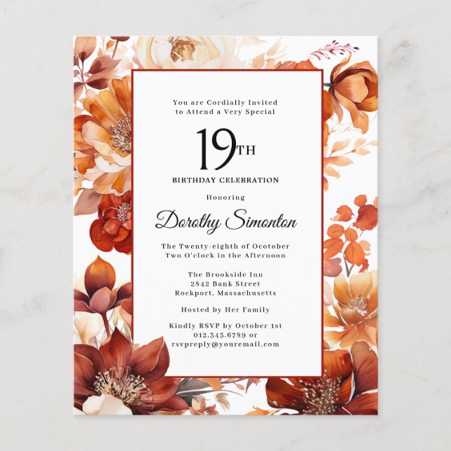 Budget automne fleurs 19e anniversaire Invitation (Devant)