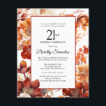 Budget Automne Fleurs 21e anniversaire Invitation<br><div class="desc">D'élégantes fleurs d'aquarelle orange en terre cuite créent un cadre floral audacieux sur cette invitation à l'anniversaire fleuri de l'automne. Un script simple lui donne une ambiance moderne.</div>