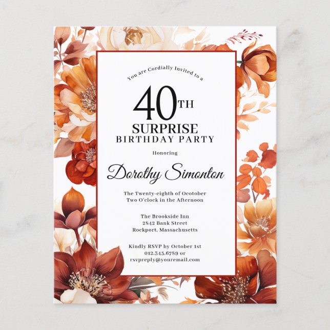 Budget Automne Fleurs 40e Invitation surprise Anni (Devant)