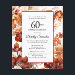Budget Automne Fleurs 60e anniversaire Invitation<br><div class="desc">D'élégantes fleurs d'aquarelle orange en terre cuite créent un cadre floral audacieux sur cette invitation à l'anniversaire fleuri de l'automne. Un script simple lui donne une ambiance moderne.</div>