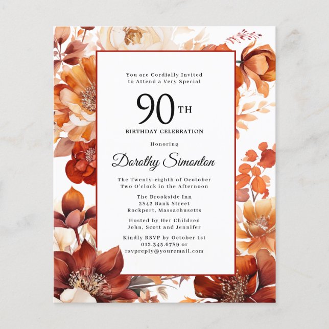 Budget Automne Fleurs 90e anniversaire Invitation (Devant)