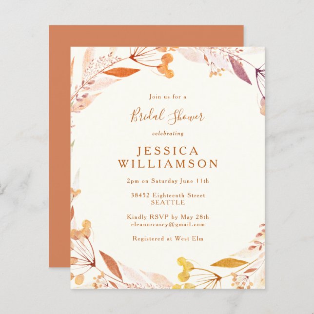 Budget Automne Floral Aquarelle Boho Fête des mari (Devant / Derrière)