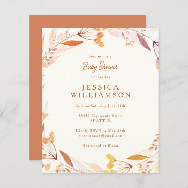 Budget Automne Floral Boho Baby shower Invitation (Devant / Derrière)