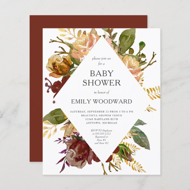 Budget Automne Floral Frame Baby shower Invitation (Devant / Derrière)