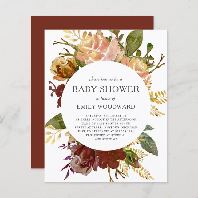 Budget Automne Rustique Floral Baby shower Invitat (Devant / Derrière)