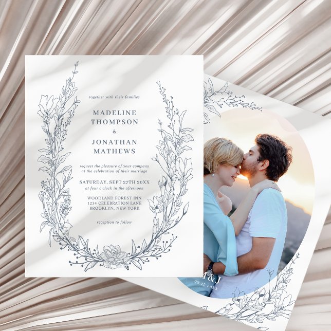 BUDGET Azure Ivory Floral Monogramme Photo Mariage (Créateur téléchargé)