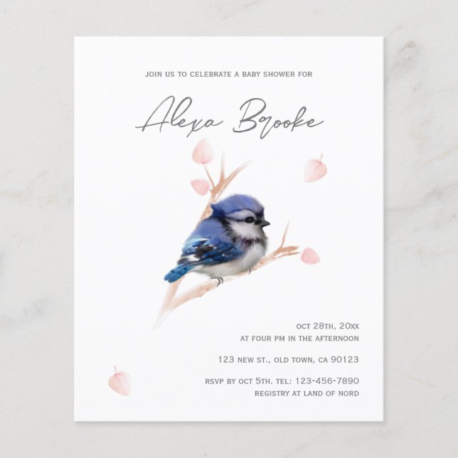 Budget Baby Blue Jay Baby shower d'oiseaux Invitat (Devant)
