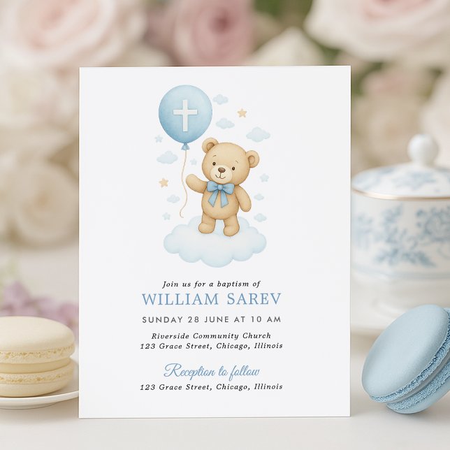 Budget Baby Boy Baptism Invitation avec Teddy (Budget-friendly baptism invite with teddy and cross balloon – pastel tea party setup)