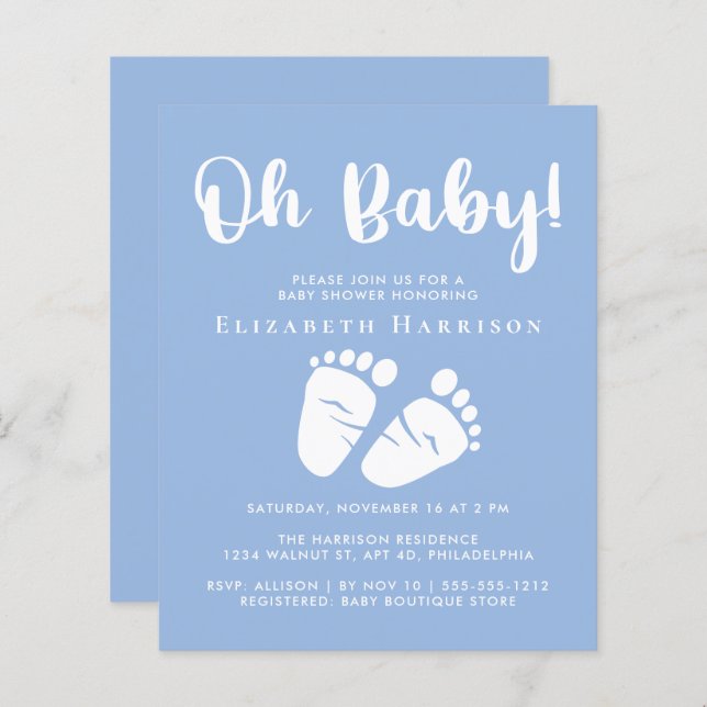 Budget Baby Feet Boy Blue Shower Invitation (Devant / Derrière)