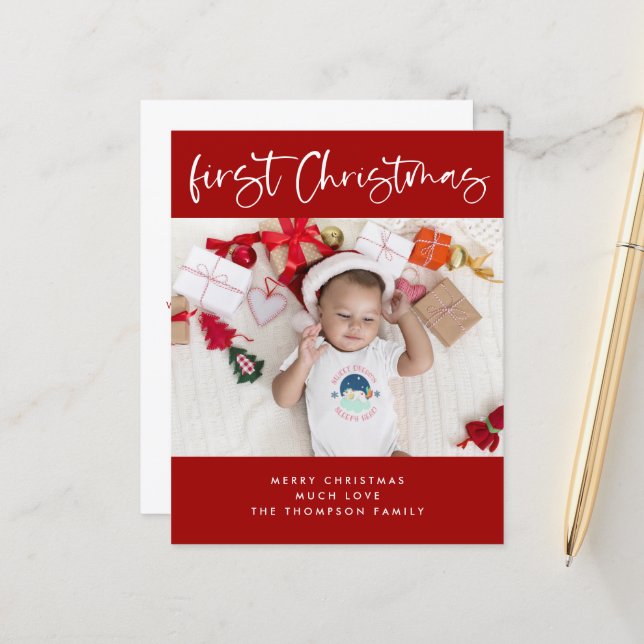 Budget Baby First Christmas Photo Small Flat Card (Devant/Arrière en situation)